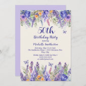 Purple Lavender Floral Garden Party 50th Birthday 招待状 (正面/裏面)