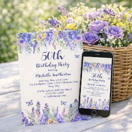 Purple Lavender Floral Garden Party 50th Birthday 招待状