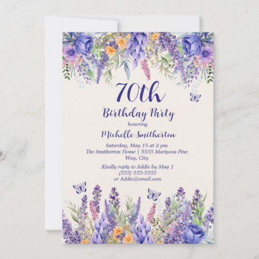 Purple Lavender Floral Garden Party 70th Birthday 招待状 (正面)