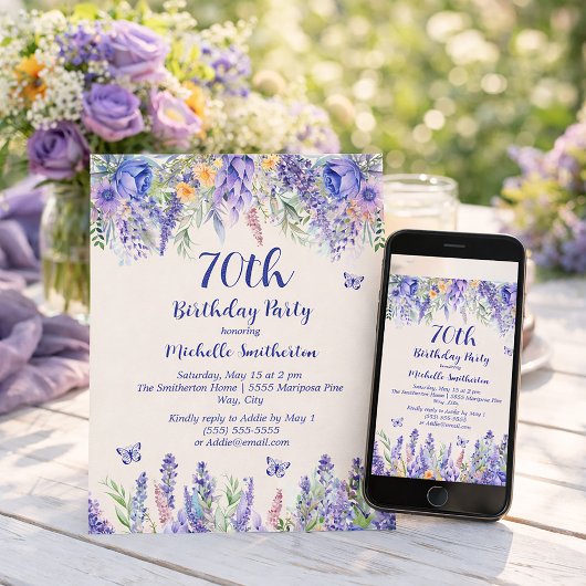 Purple Lavender Floral Garden Party 70th Birthday 招待状