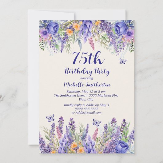 Purple Lavender Floral Garden Party 75th Birthday 招待状 (正面)
