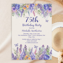 Purple Lavender Floral Garden Party 75th Birthday 招待状
