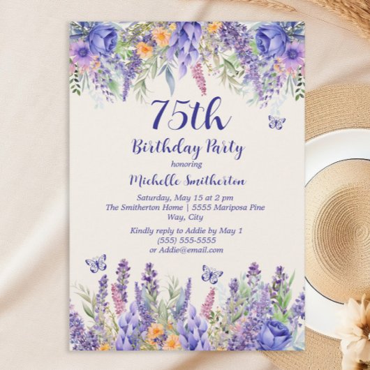 Purple Lavender Floral Garden Party 75th Birthday 招待状