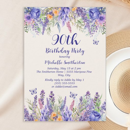Purple Lavender Floral Garden Party 90th Birthday 招待状