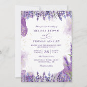 Purple Lavender Floral Modern QR Code Wedding 招待状 (正面)