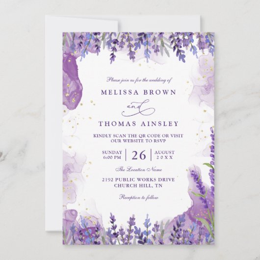 Purple Lavender Floral Modern QR Code Wedding 招待状 (正面)