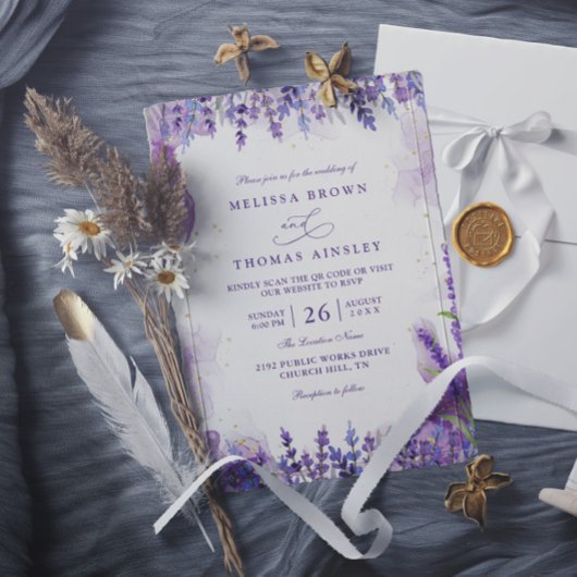 Purple Lavender Floral Modern QR Code Wedding 招待状