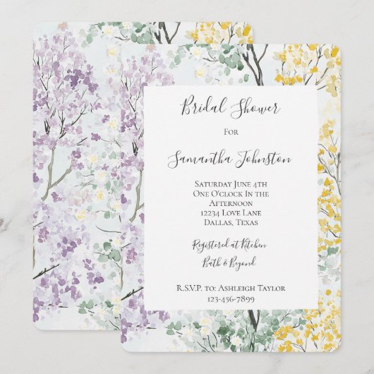 Purple Lavender Green Yellow Bridal Shower 招待状 (正面/裏面)