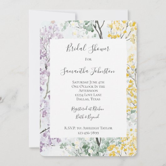 Purple Lavender Green Yellow Bridal Shower 招待状 (正面)