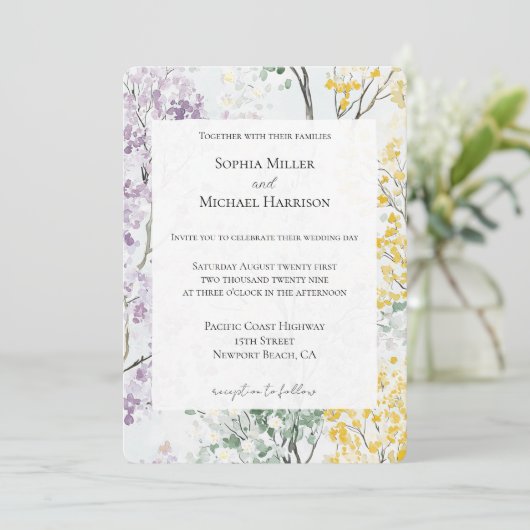 Purple Lavender Green Yellow Flower Wedding 招待状 (スタンド正面)