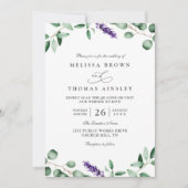 Purple Lavender Greenery Rustic QR Code Wedding 招待状 (正面)