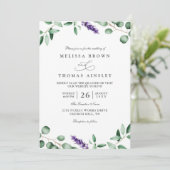Purple Lavender Greenery Rustic QR Code Wedding 招待状 (スタンド正面)