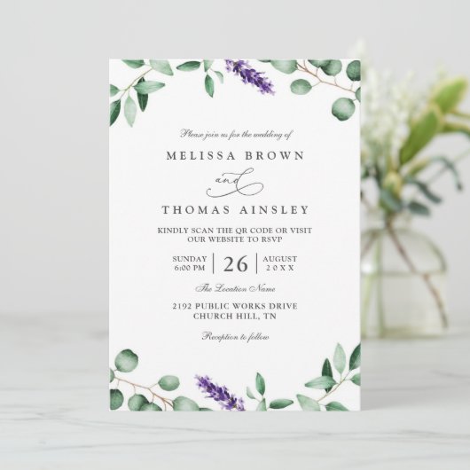 Purple Lavender Greenery Rustic QR Code Wedding 招待状 (スタンド正面)
