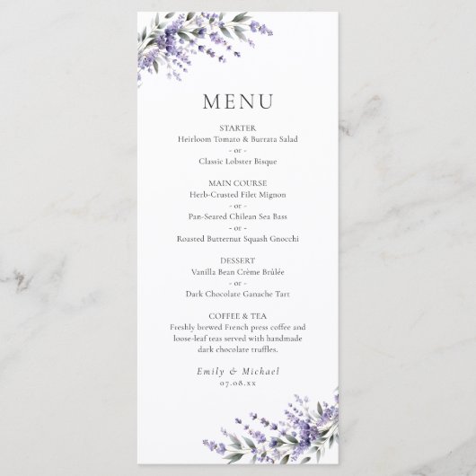 Purple Lavender Rustic Wedding Flat Menu メニュー (正面)