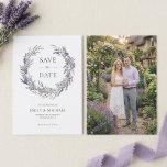 Purple Lavender With Photo Elegant Wedding セーブザデート<br><div class="desc">Announce your upcoming wedding with this purple floral save the date card. It features an elegant watercolor lavender wreath on a crisp white background. Personalize with your photo on the back. This design is perfect for couples planning a simple cottage garden ceremony or a romantic French Provence countryside theme.</div>
