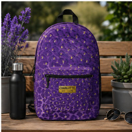 Purple Leopard Print Pattern with Gold Hearts プリントバックパック