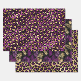 Purple Leopard Print with Gold Tropical Leaves ラッピングペーパーシート