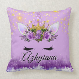 Purple|Lilac及び金ゴールドのグリッター|Floralの王冠のユニコーン クッション