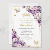 Purple Lilac Blush Floral Quinceanera 15 Sweet 16  招待状 (正面)