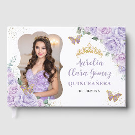 Purple Lilac Floral Gold QUINCEAÑERA 16 Photograph ゲストブック