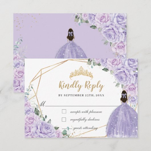 Purple Lilac Floral Princess Quinceanera 16 Reply 出欠カード (正面/裏面)