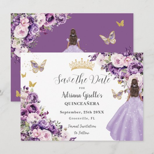 Purple Lilac Floral Quinceanera Save The Date セーブザデート (正面/裏面)