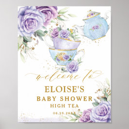 Purple Lilac Floral Tea Party Baby Shower Welcome ポスター