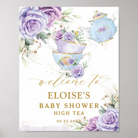 Purple Lilac Floral Tea Party Baby Shower Welcome ポスター (正面)