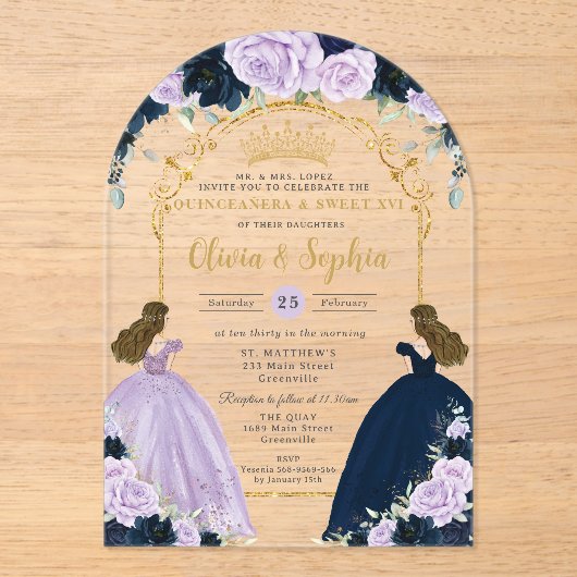 Purple Lilac Navy Blue Floral Twins Quinceañera XV アクリル招待状 (正面)