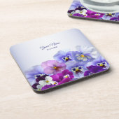 Purple Lilac Pansy Floral Rustic Wedding Party コースター (左側)