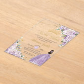 Purple Lilac Roses Floral Princess Sweet Sixteen アクリル招待状 (レイダウン)