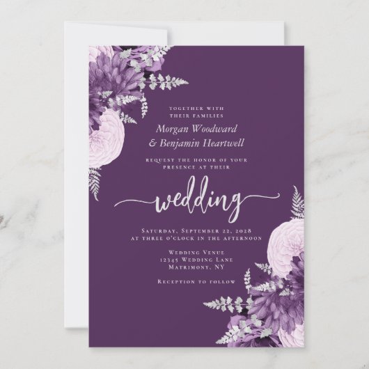 Purple Lilac Silver Floral QR Code Wedding 招待状 (正面)