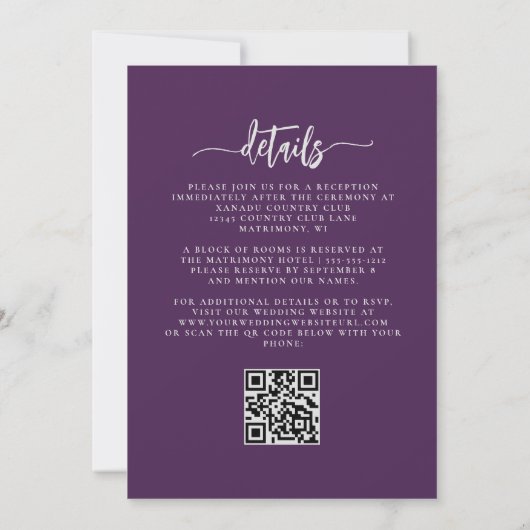 Purple Lilac Silver Floral QR Code Wedding 招待状 (裏面)
