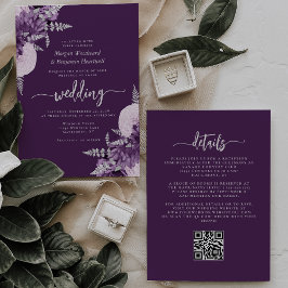 Purple Lilac Silver Floral QR Code Wedding 招待状