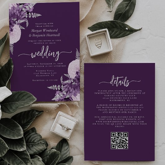 Purple Lilac Silver Floral QR Code Wedding 招待状