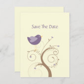 Purple Lovebirdとハートが日付を保存 案内ポストカード (正面/裏面)