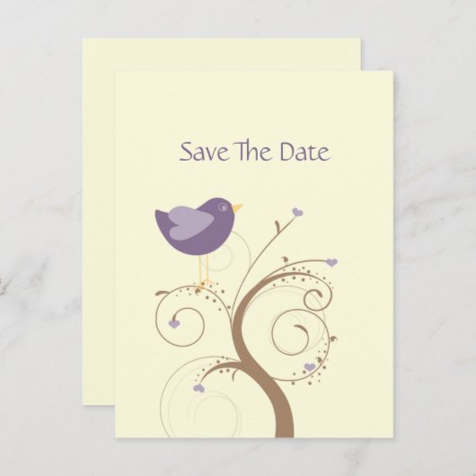 Purple Lovebirdとハートが日付を保存 案内ポストカード (正面/裏面)