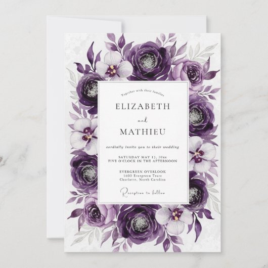 Purple Luxurious Botanical Wedding 招待状 (正面)