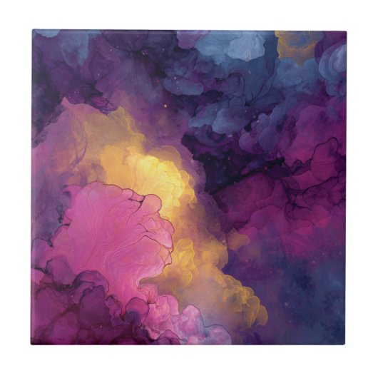 Purple Magenta Gold Alcohol Ink Nebula Flow タイル (正面)