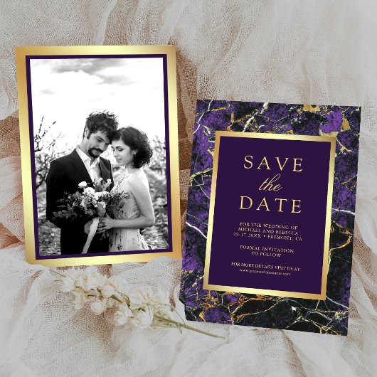 Purple Marble Gold Photo Wedding セーブザデート