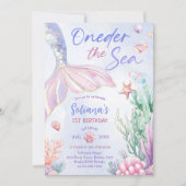 Purple Mermaid 1st Birthday Oneder the Sea  招待状 (正面)