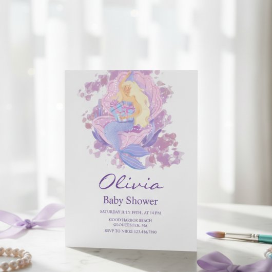 Purple Mermaid Princess Baby Shower Invitation 招待状