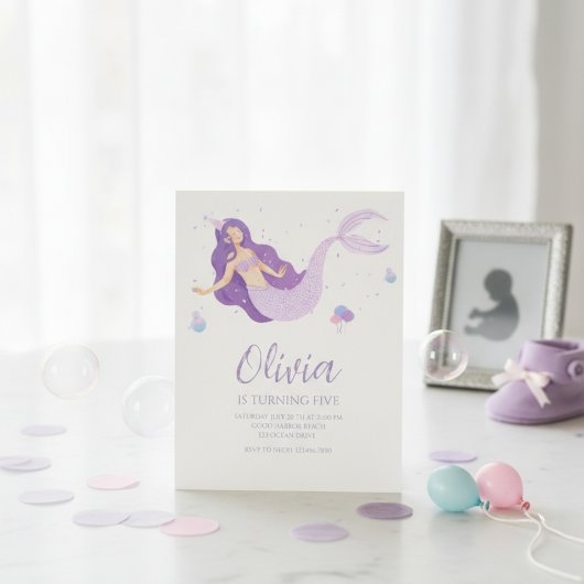 Purple Mermaid Under The Sea Baby Shower  招待状
