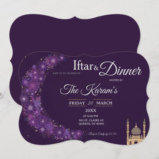 Purple Minimal Mosque Ramadan Iftar Party  招待状 (正面/裏面)