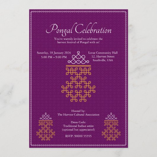 Purple Minimal Tamil Kolam Pongal 招待状 (正面)