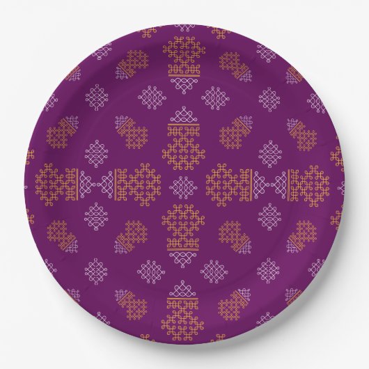 Purple Minimal Tamil Kolam Pongal Design ペーパープレート (正面)