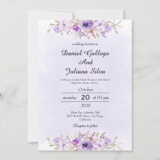 Purple Minimalist Floral Wedding Invitations 招待状 (正面)
