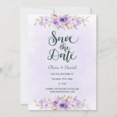 Purple Minimalist Floral Wedding Save the Date 招待状 (正面)