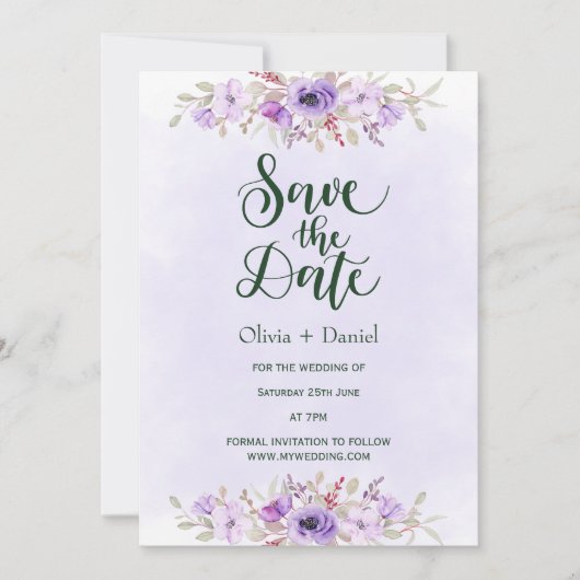 Purple Minimalist Floral Wedding Save the Date 招待状 (正面)