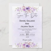 Purple Minimalist Floral Wedding Save the Date 招待状 (正面)